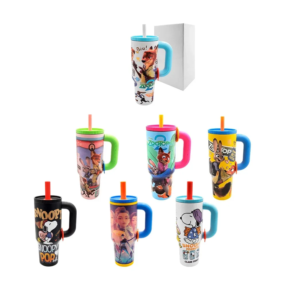Termo de acero inoxidable con asa, popote y estampado animado, 1200ml / lu88391