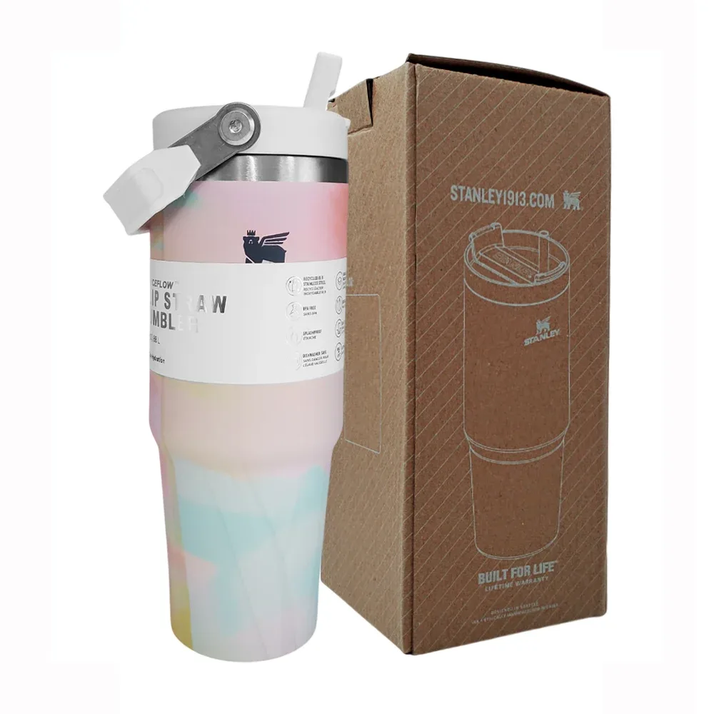 Termo marmoleado de acero inoxidable con capacidad 30oz 887ml, agarradera y popote, variedad de colores / flip straw tumbler