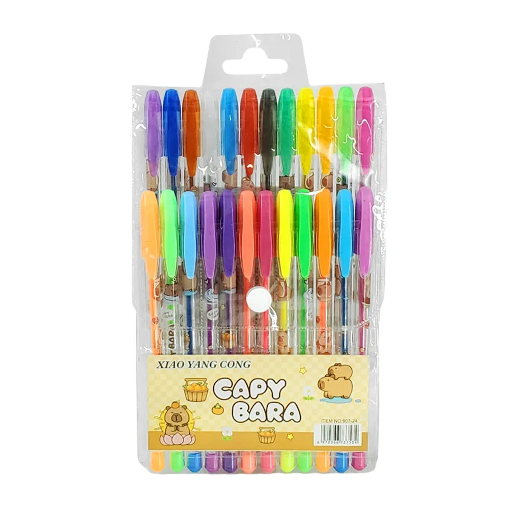 Paquete con 24 plumas de gel con diseño de capibara, variedad de colores neón