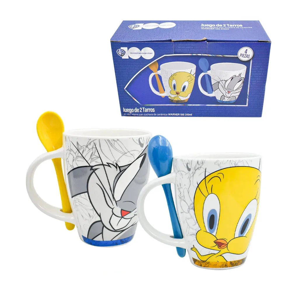 Juego de 2 tazas de porcelana con cucharas de cerámica y diseño de bugs bunny y piolín con capacidad para 310ml / WB / 1738-400