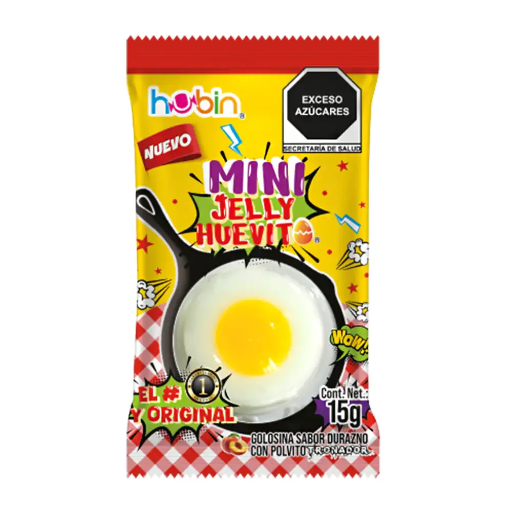 1pz sobre gomita hubin jelly huevito sabor durazno con polvito tronador, 15g / 907305