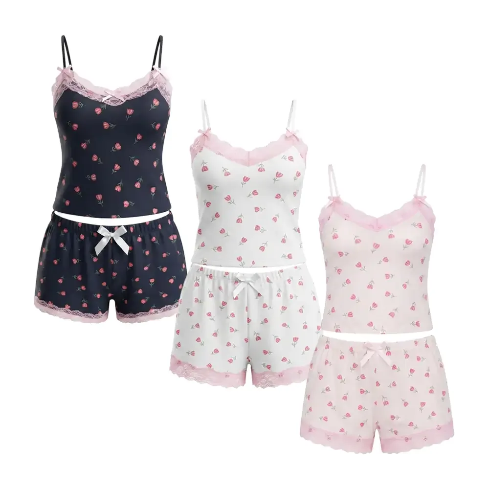 Paquete con pijama tipo lencería con encaje y estampado de rosas, variedad de colores / lu99354