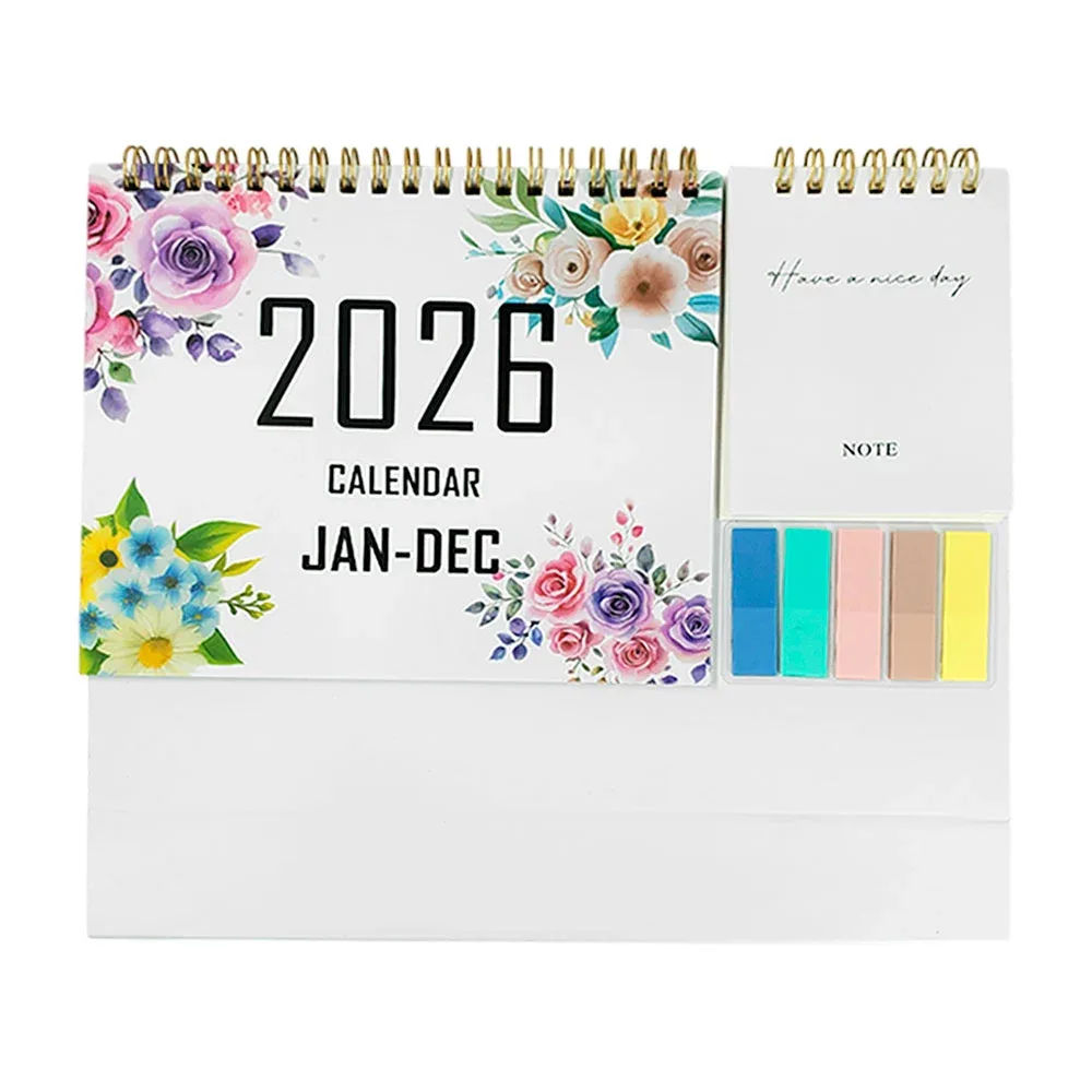 Calendario 2026 para escritorio con estampado + post it y libreta de notas