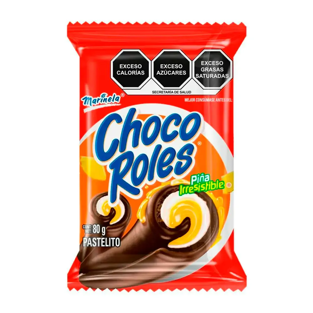 Chocoroles marinela, pastelito de chocolate con relleno de mermelada sabor piña, 80g / 002275