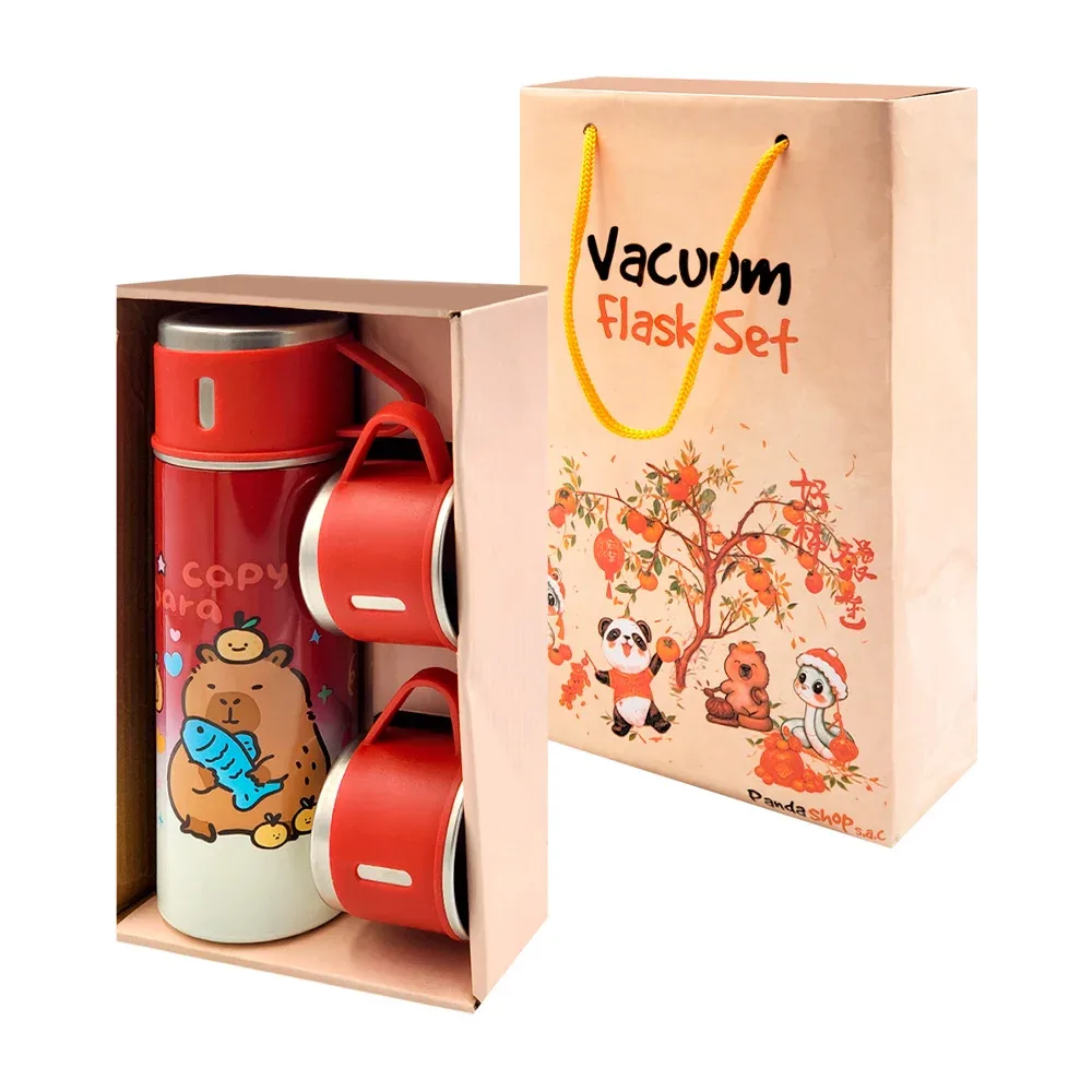 Termo de acero inoxidable con estampado de capibara + 3 tazas metálicas