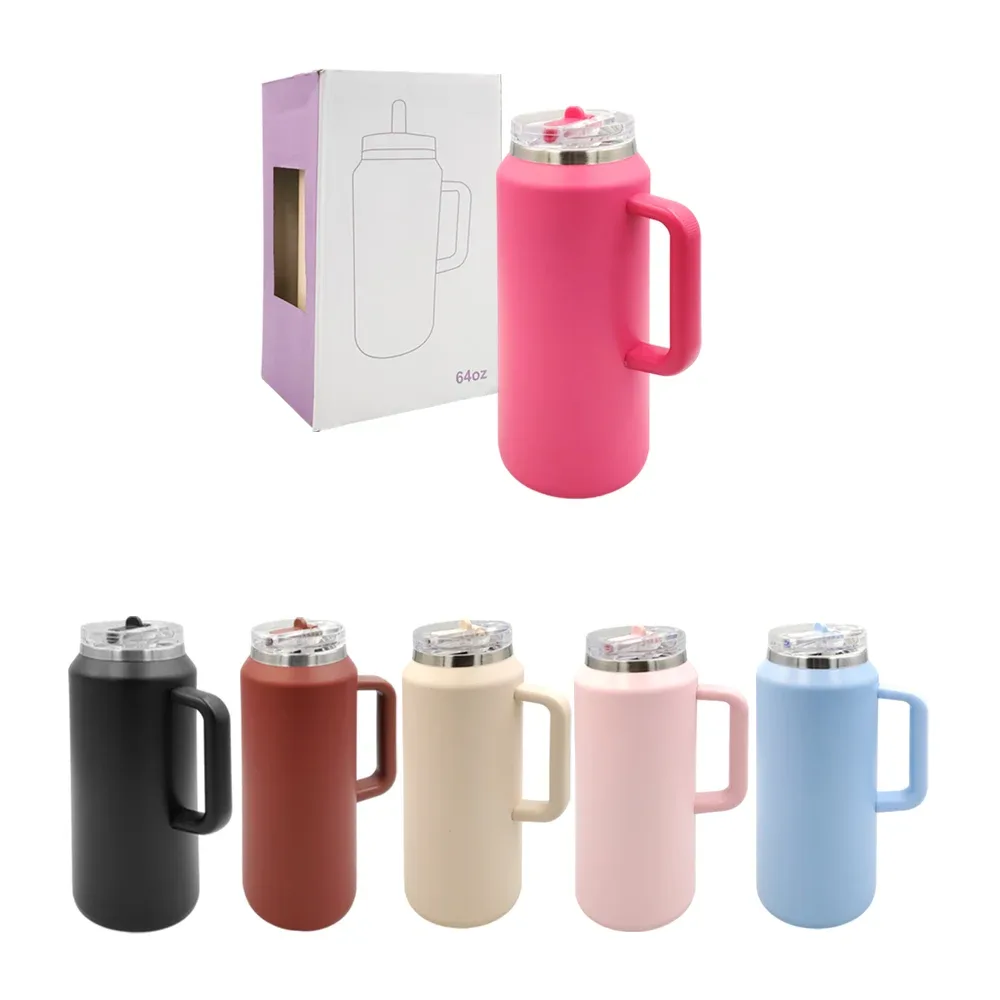 Botella termo de acero inoxidable con popote retráctil y agarradera, 64 oz