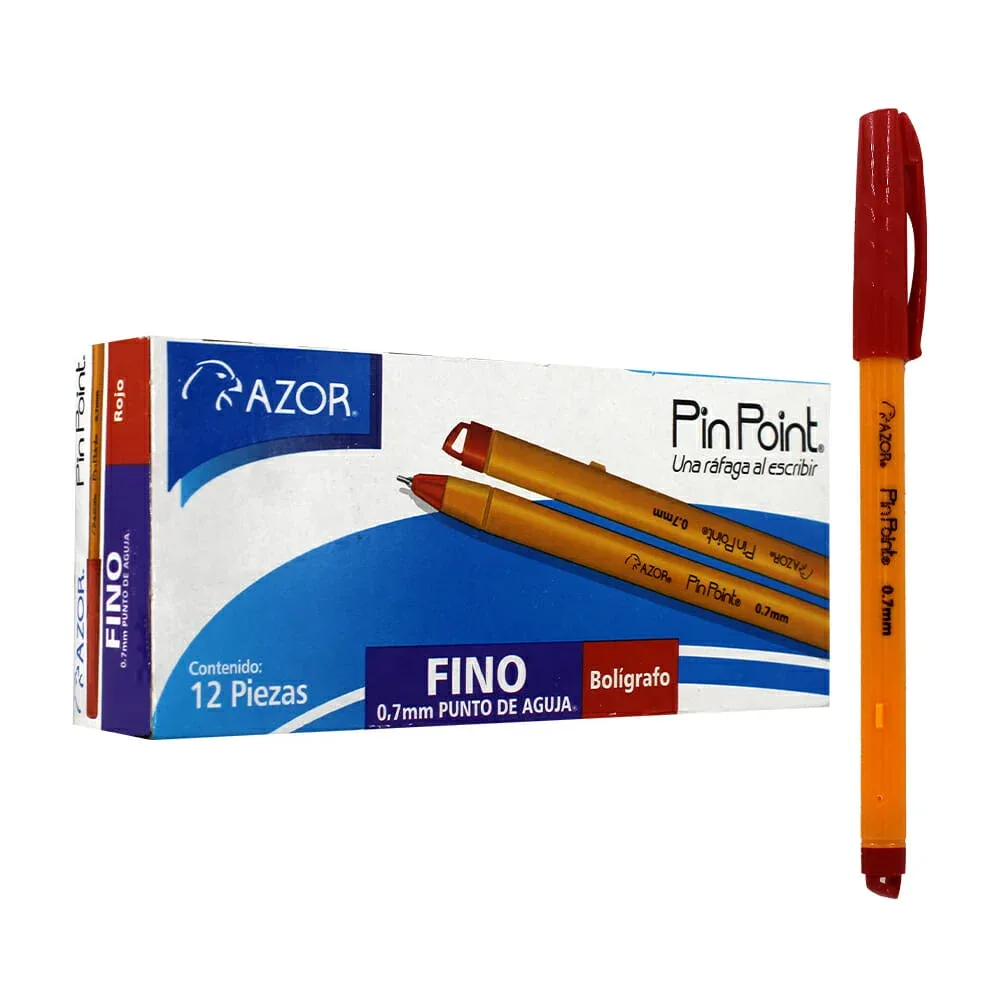 Caja con 12 bolígrafos finos azor de color rojo con punto de aguja 0,7mm