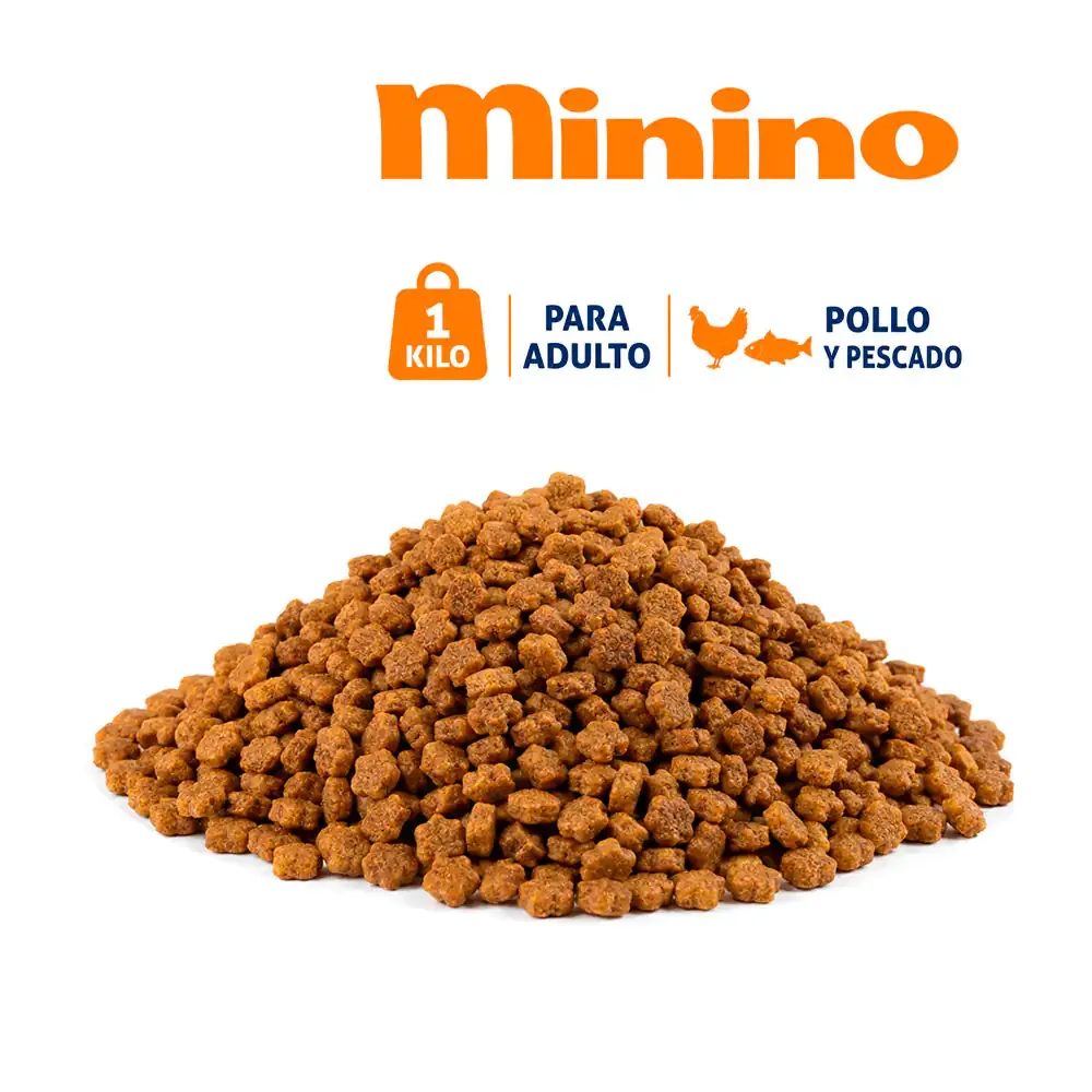 1 kilo de croquetas minino para gatos adultos de todo tipo de razas, sabor pollo y pescado / minino