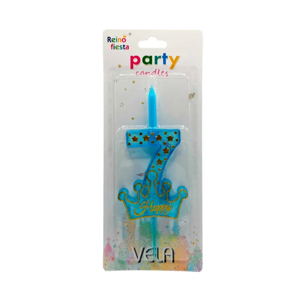 Portavelas de plástico número 7 azul con corona happy y estrellas / 60358