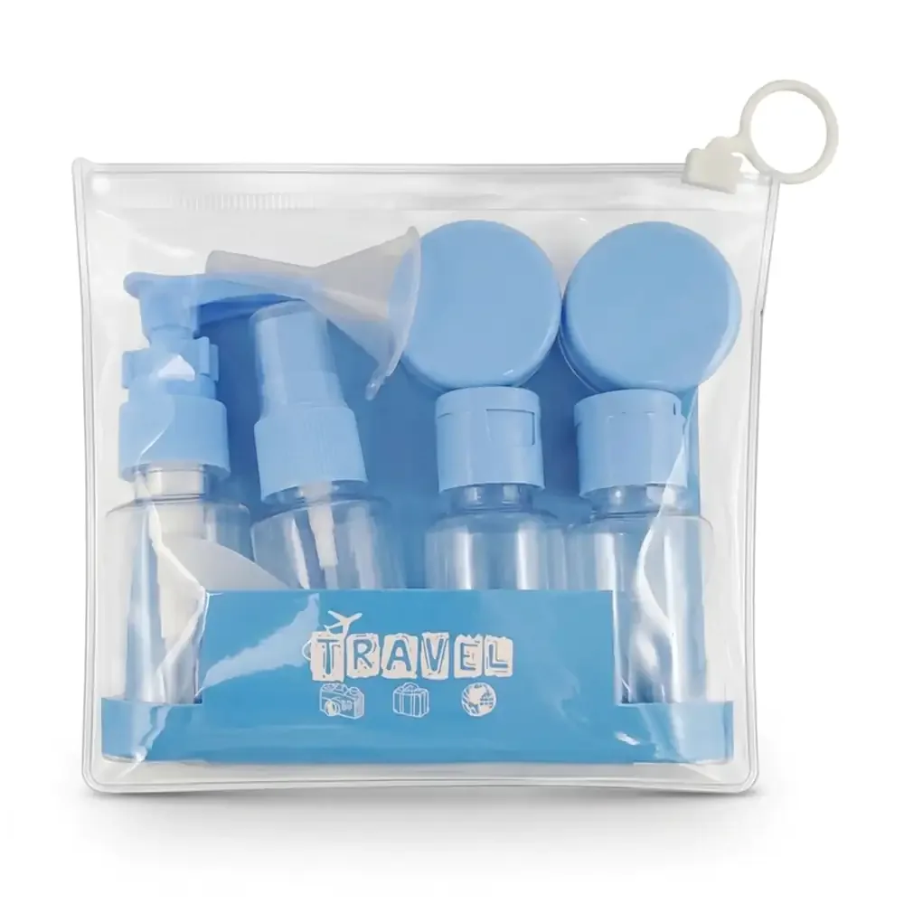 Set estuche de viaje con 4 botellas dispensadoras y 2 contenedores redondos