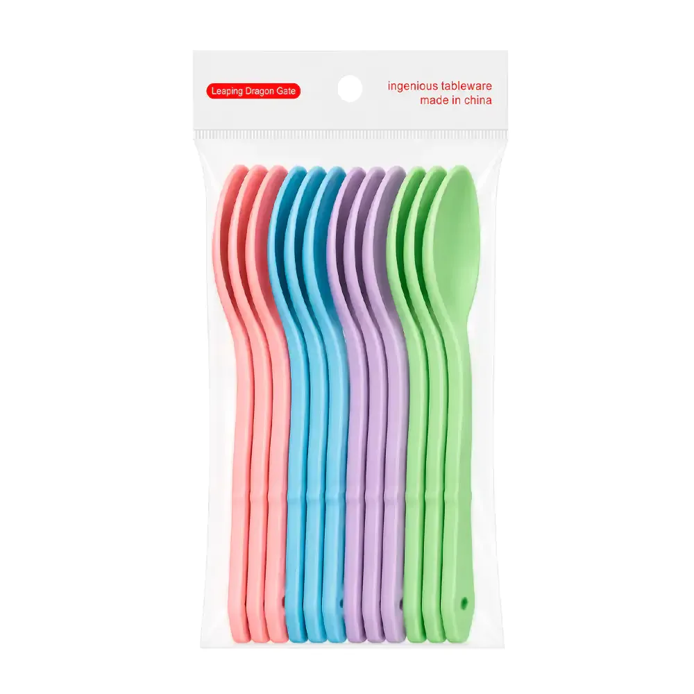 Paquete de 12 cucharas largas de plastico con diseño triangular en el mango