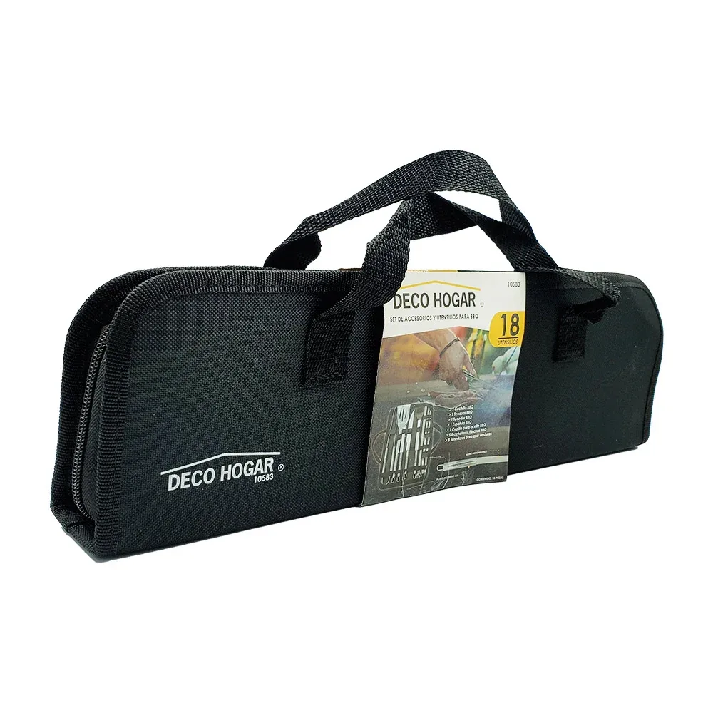 Estuche negro con 18 utensilios de acero inoxidables para bbq / deco hogar 10583
