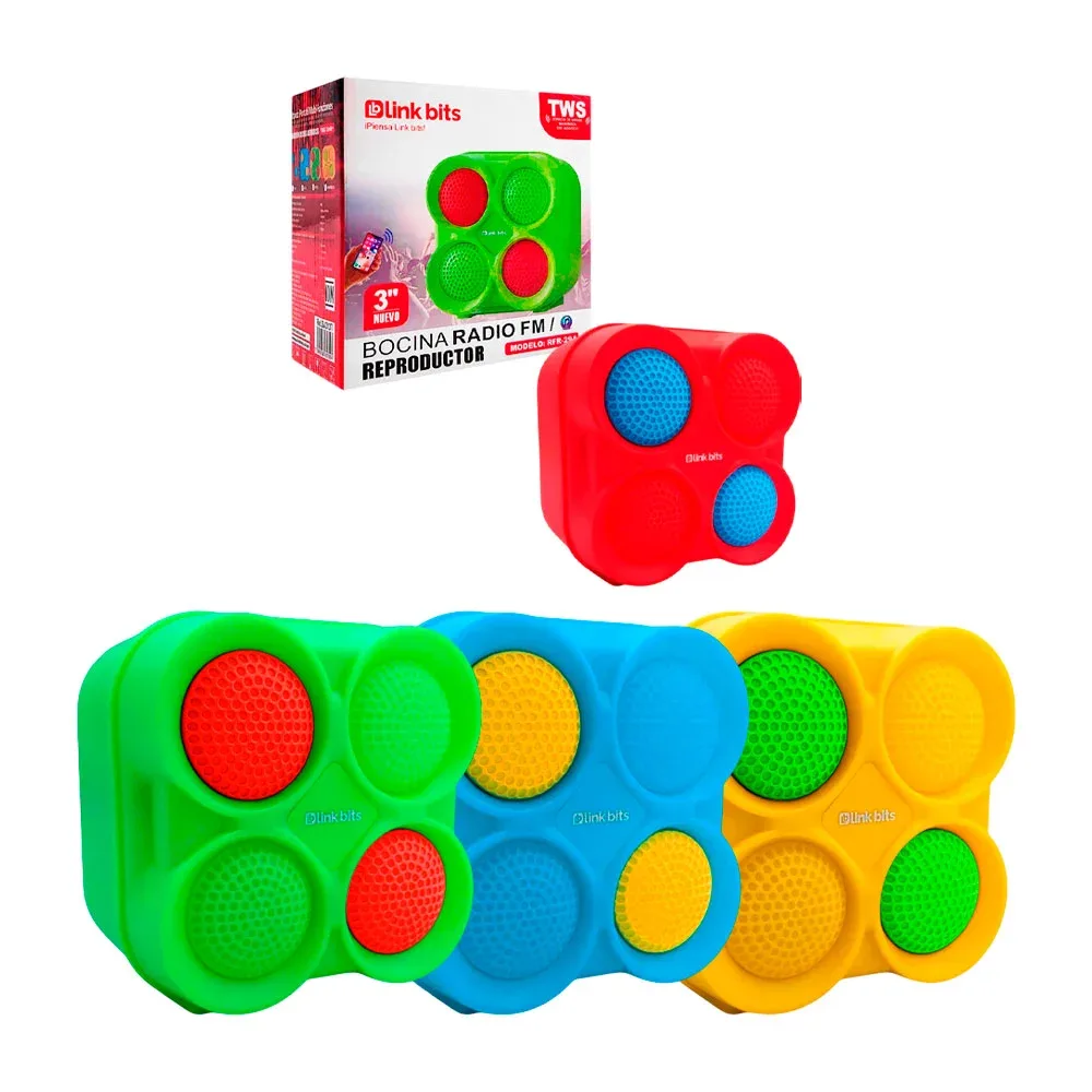 Bocina portátil 3´, luz rgb, fm, usb-tf, diseño frontal con 4 círculos y relieve