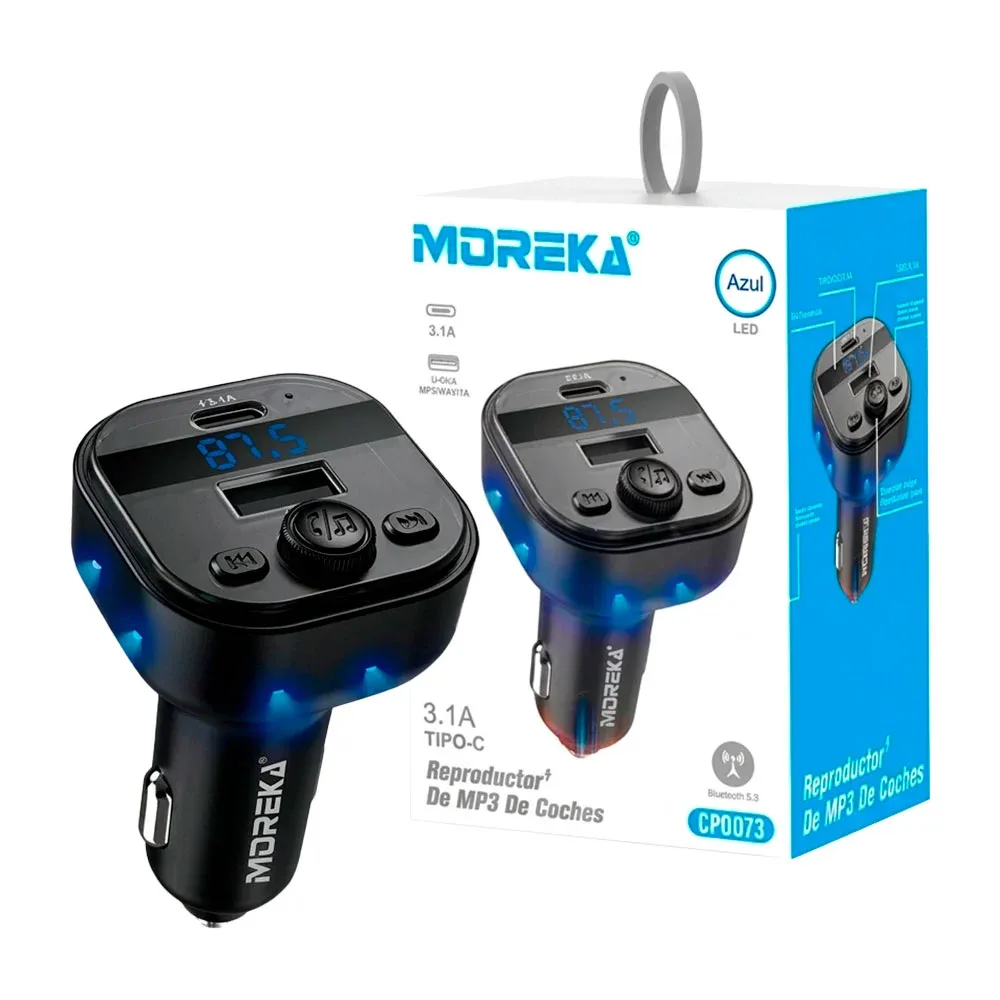 Transmisor bluetooth para carro, mp3, 1 puertos usb + 1 tipo c y luz led azul