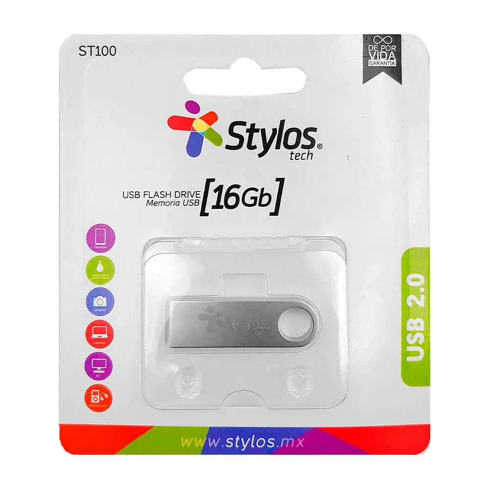 Memoria usb stylos metálica de 16gb con diseño liso y orificio para colgar / st-500