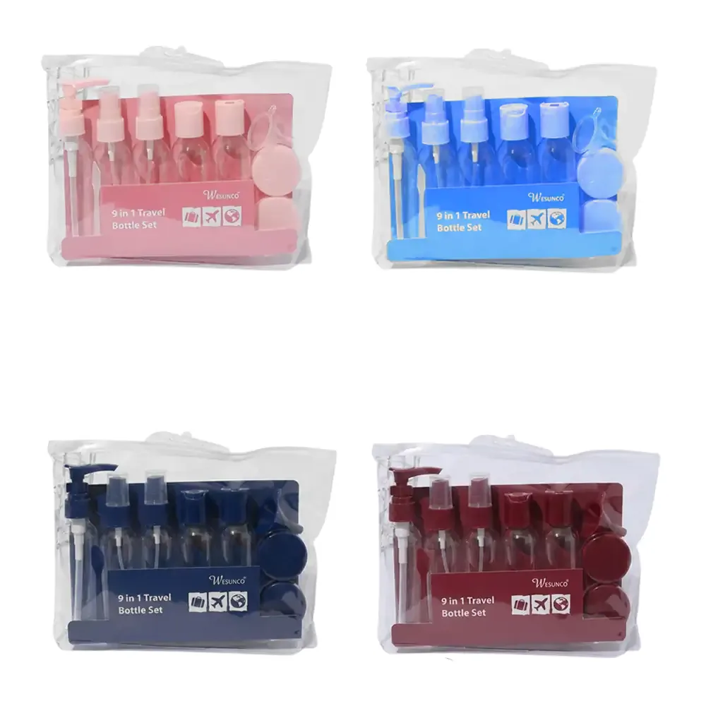 Set de viaje 9 en 1 con 5 botellas, 2 contenedores + accesorios, variedad