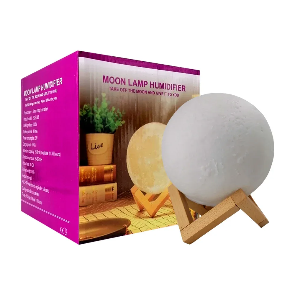 Lámpara de luna 3d recargable con humidificador y base de madera, 15cm / eqgj-08 / 10952
