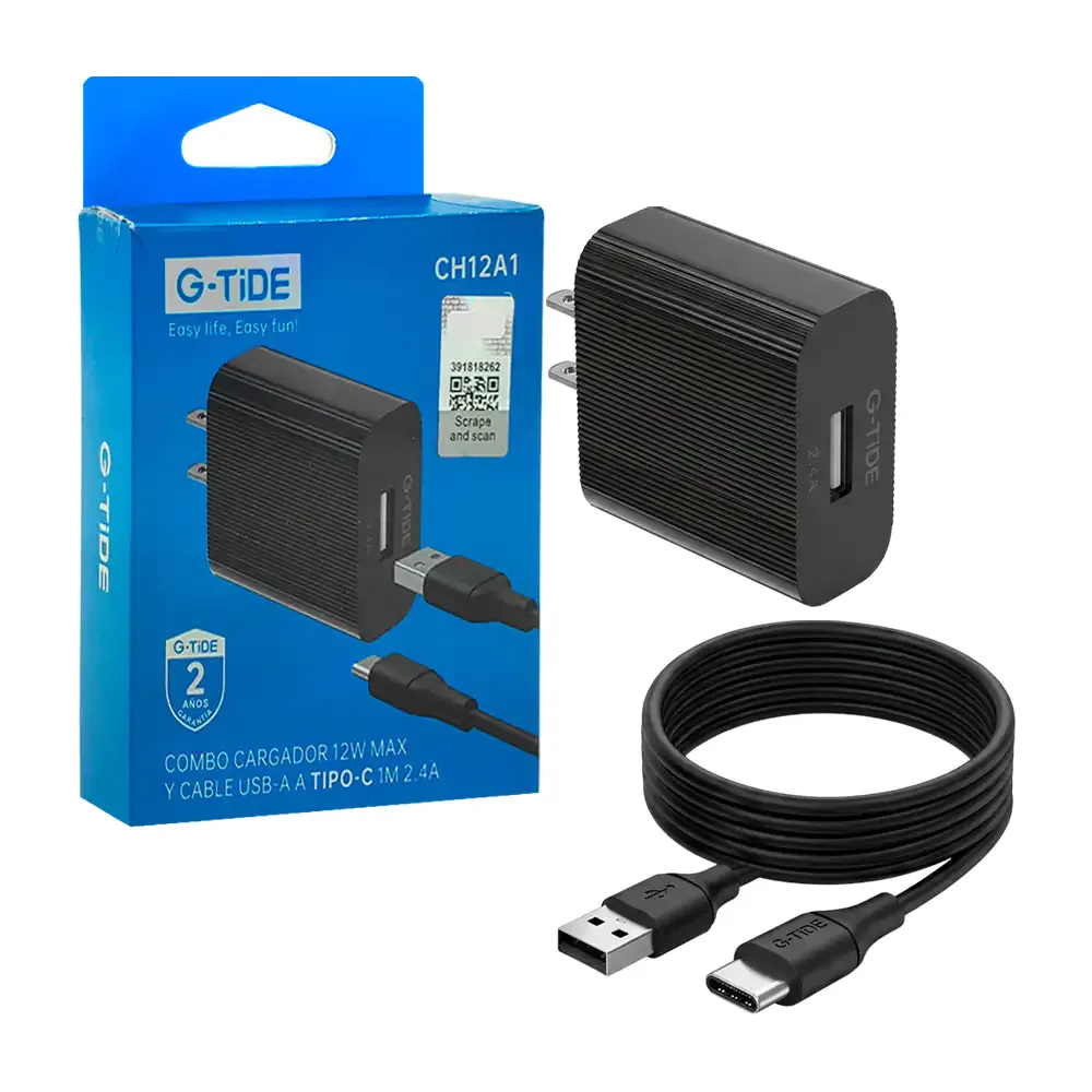 Combo cargador g-tide de 12w con cable usb-a a usb-c de 1 metro / ch12a1