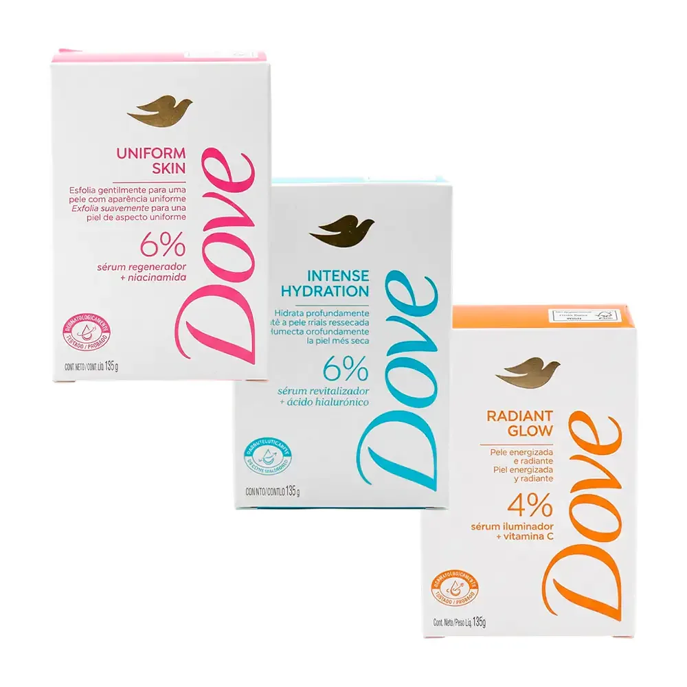Barra de jabón dermatológico dove con vitaminas y serum para la piel, 135g, variedad