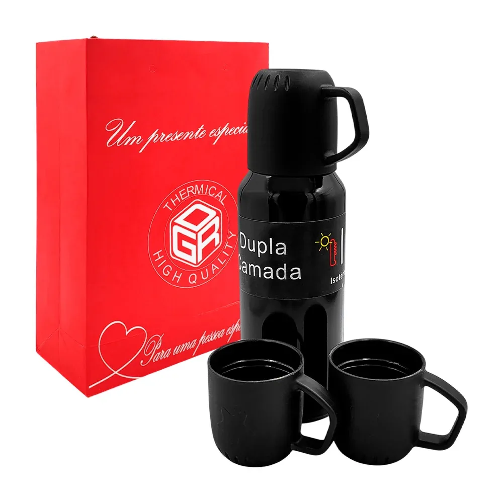 Set con botella termo de 480ml +  juego de 3 tazas de plástico, variedad
