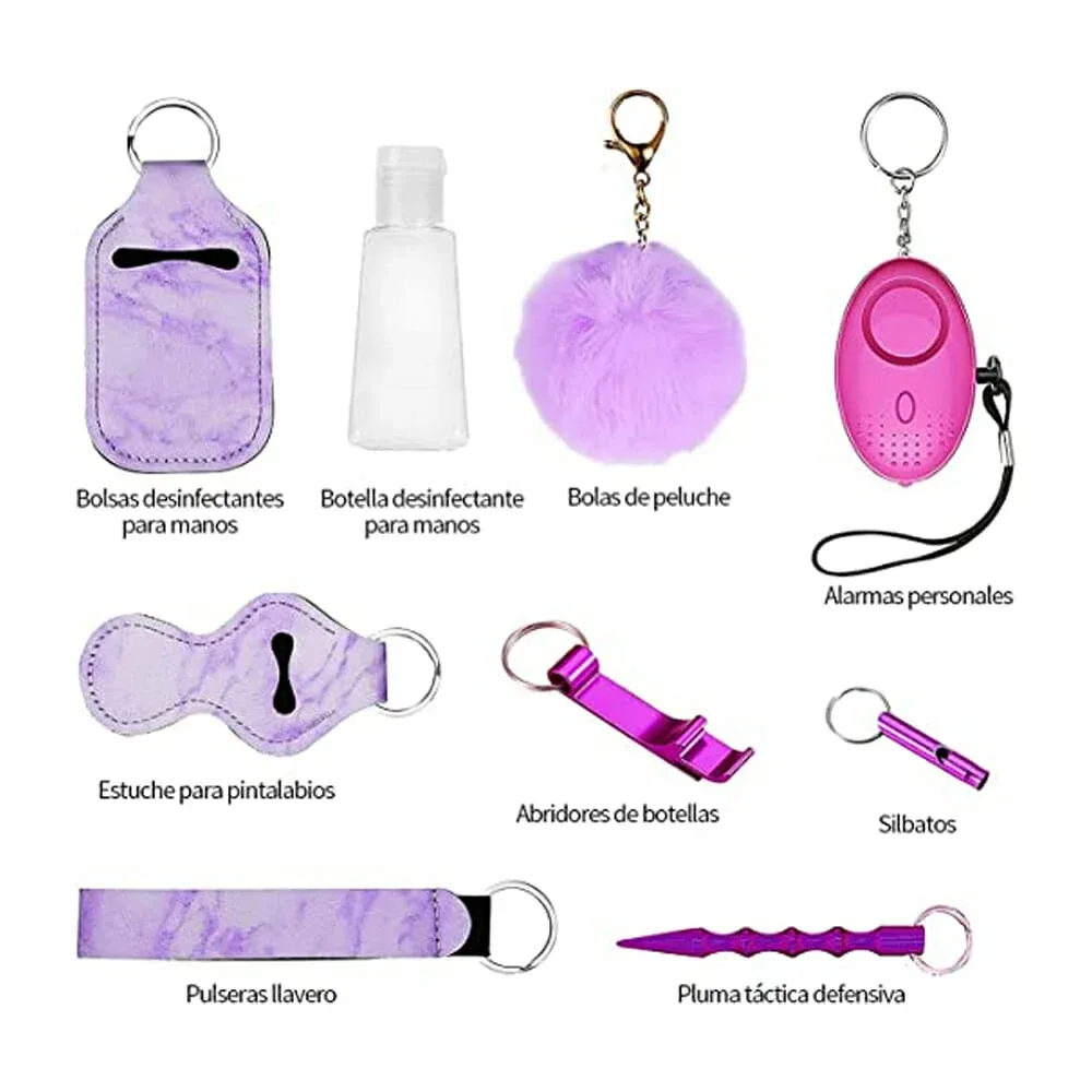 Juego llavero con 8 artículos para defensa personal, alarma personal y accesorios, variedad de diseños y colores / 11508 / 8789 / ds301
