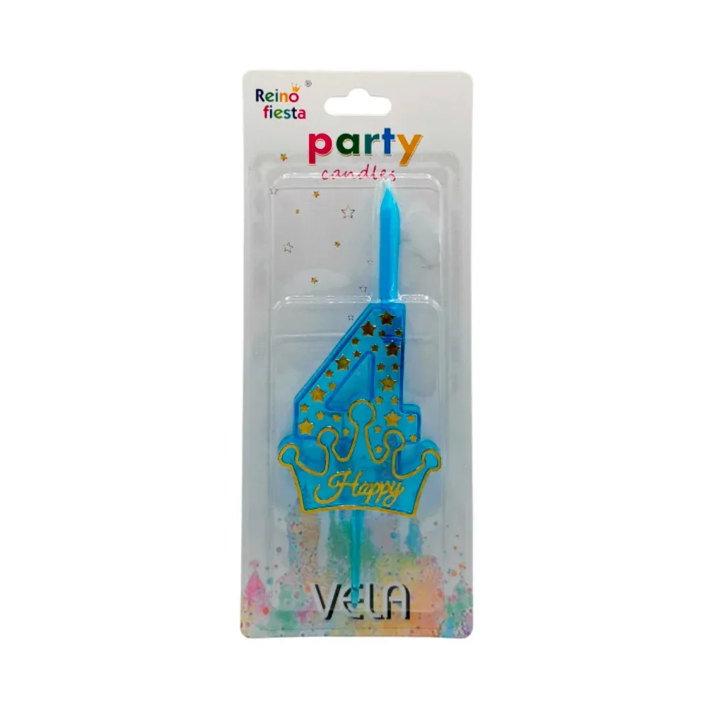 Portavelas de plástico número 4 azul con corona happy y estrellas / 60355