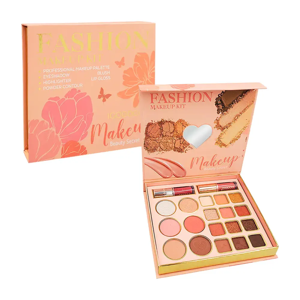 Paleta de maquillaje con sombras, iluminador, blush, contorno y lip gloss