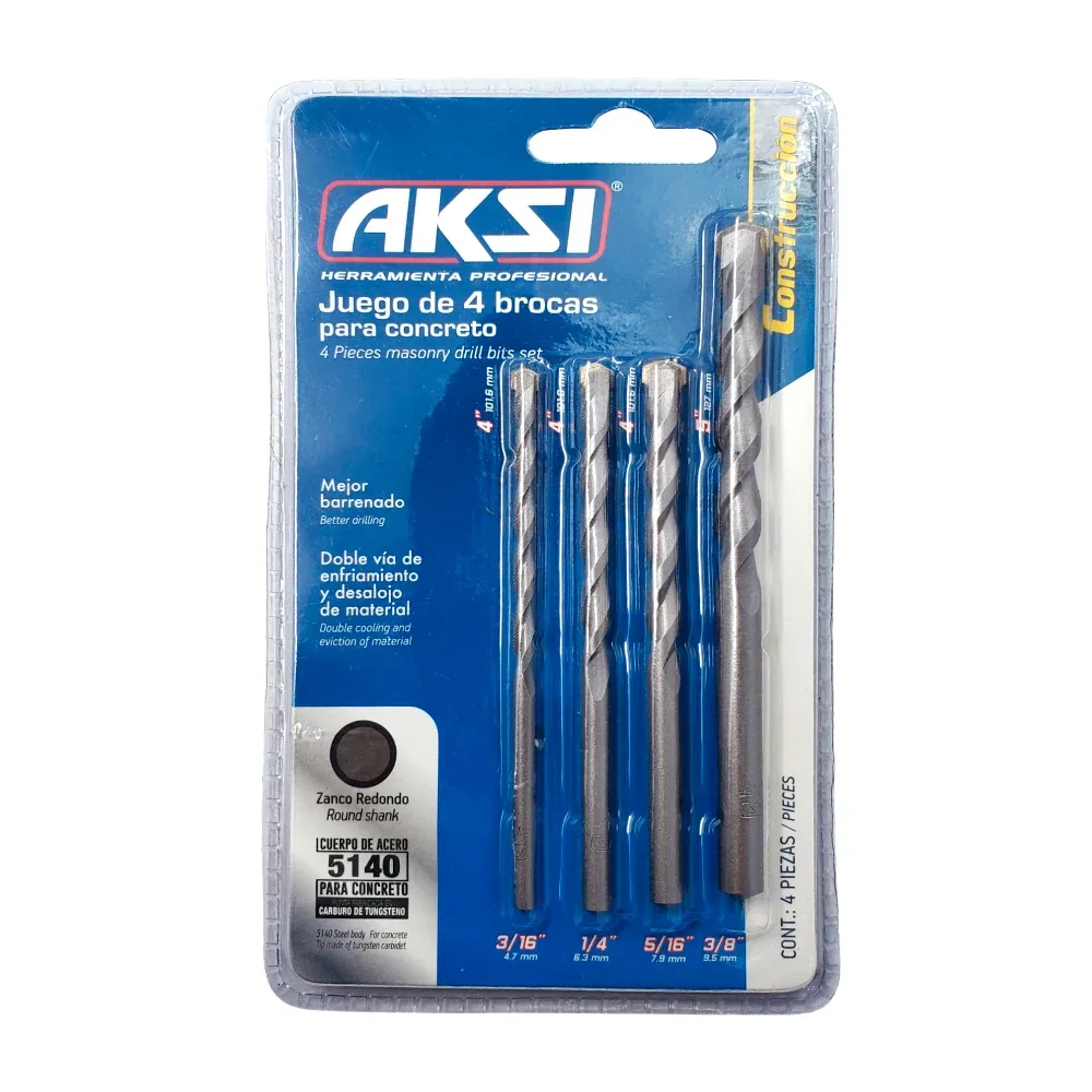 Juego 4 brocas aksi de acero con diferentes medida y punta de carburo tungsteno para concreto / 100413