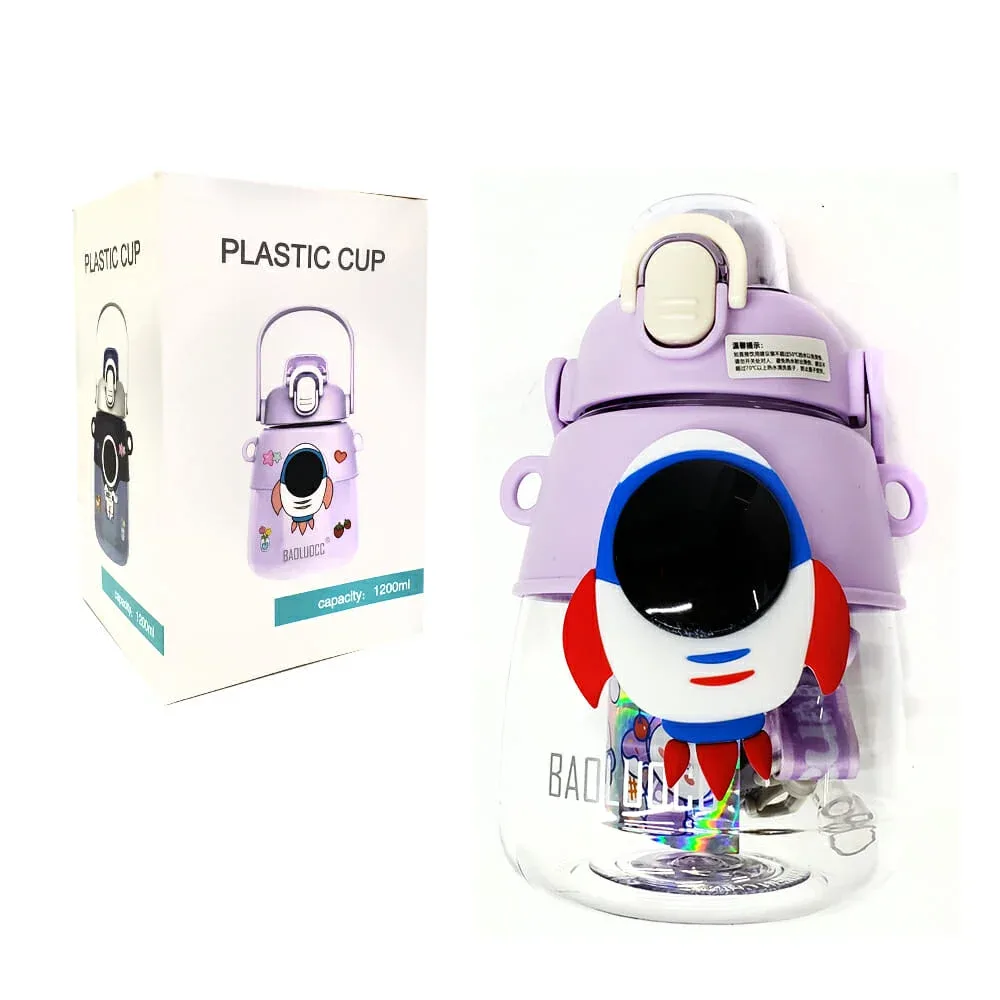 Botella transparente con temática de espacio astronauta y stickers 1200ml, variedad de diseños / bol-7025