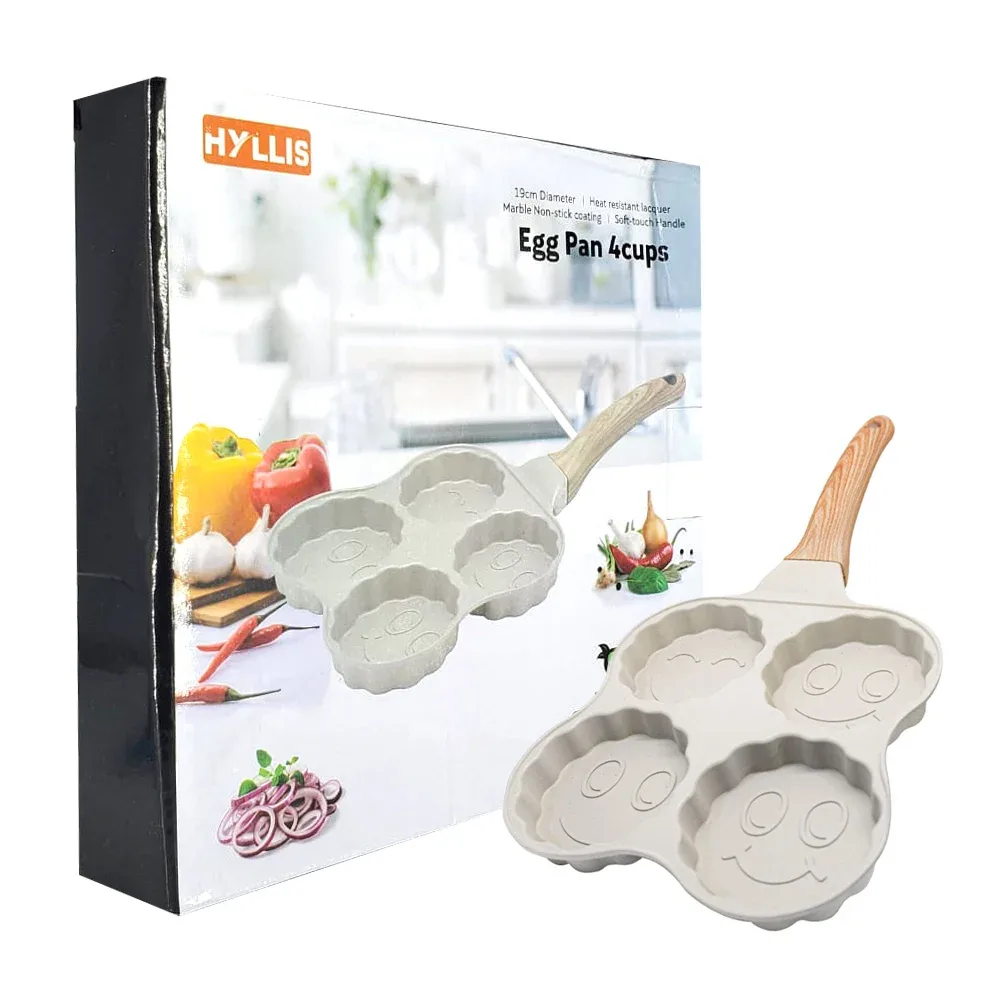 Sartén de aluminio de 4 espacios con diseño de carita feliz y mango de madera / 80930