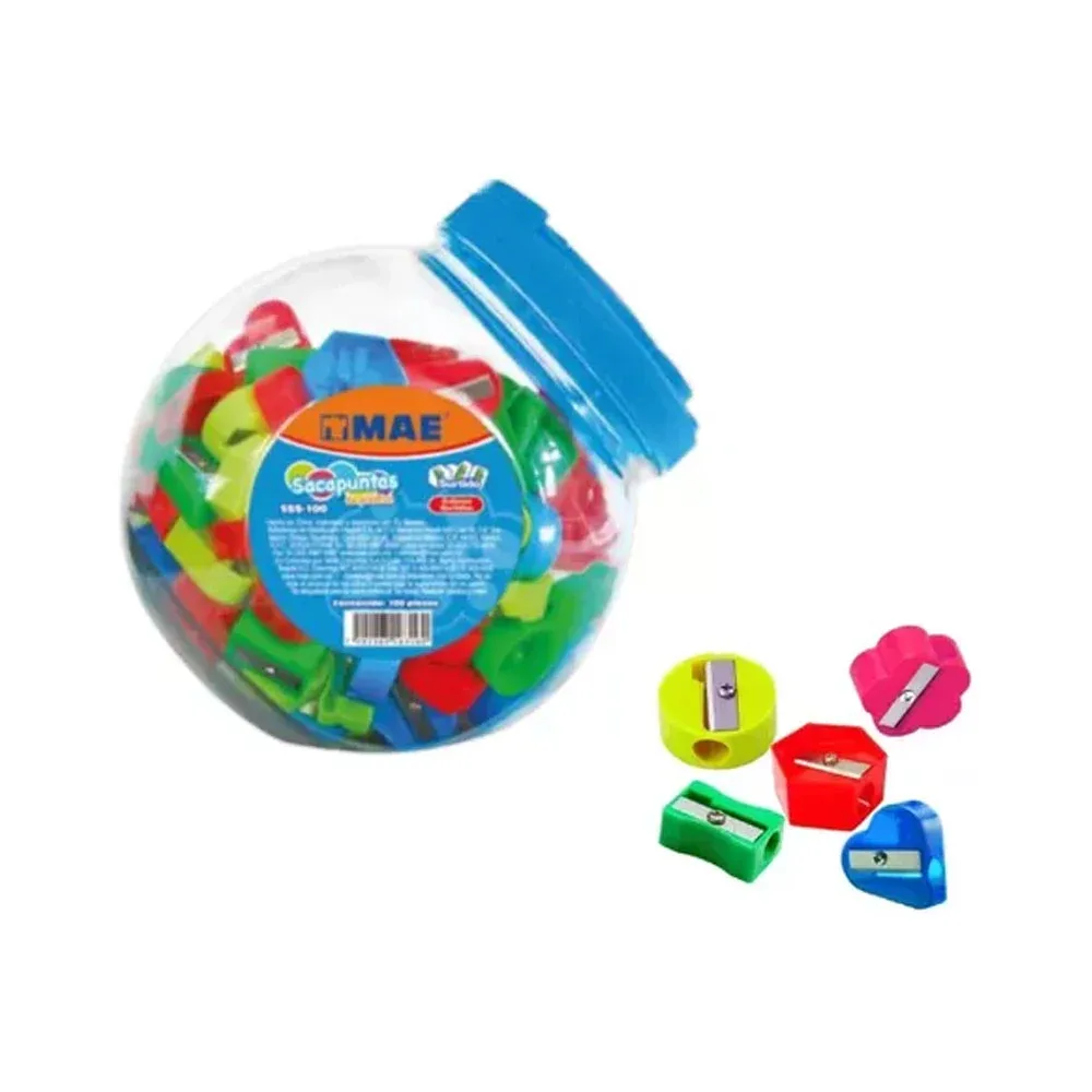 Bote con 100 sacapuntas de plástico con diseño de figuras, variedad de colores / sss-100