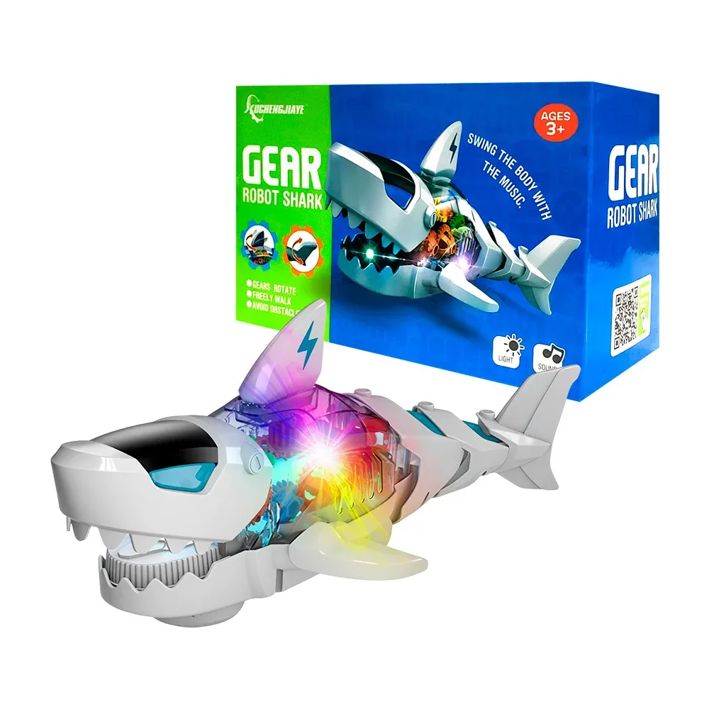 Juguete en forma de tiburón con movimiento, luz y sonido de pilas / gear robot shark / s-1