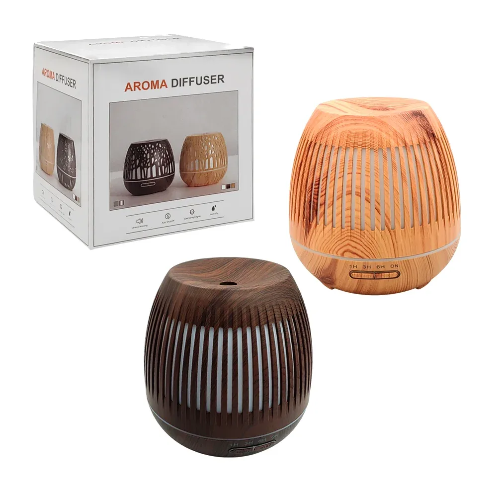 Humidificador de aroma con forma de barril y diseño tipo madera, variedad