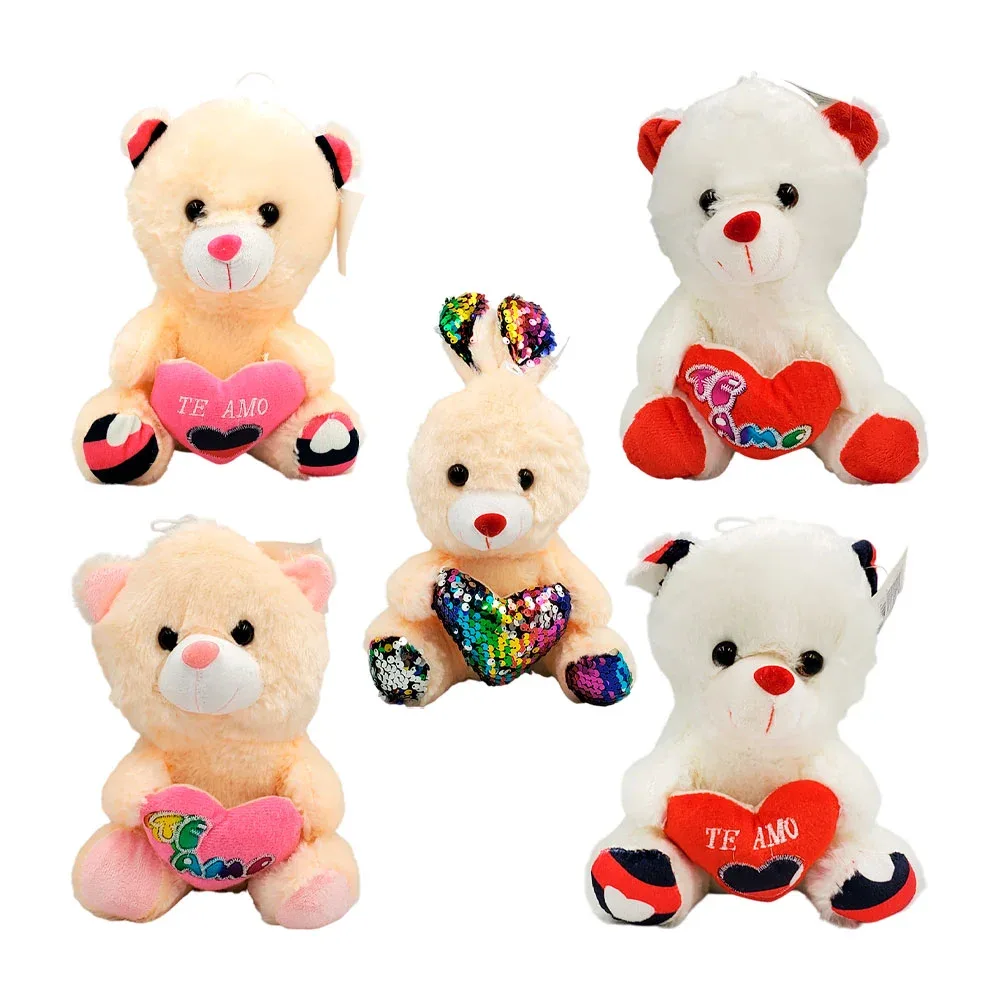 Peluche de animalito afelpado, corazón, detalle bordado o lentejuelas, surtido