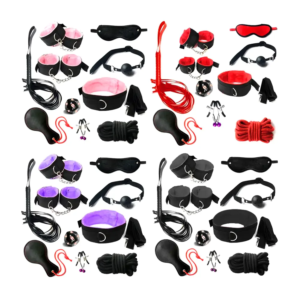 Kit bondage de cuero con peluche, pezoneras con cascabel + dado de posiciones