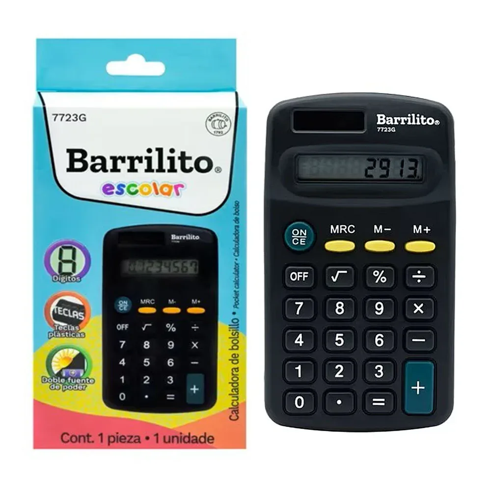 Calculadora de bolsillo barrilito con 8 dígitos y doble fuente de poder / 7723g