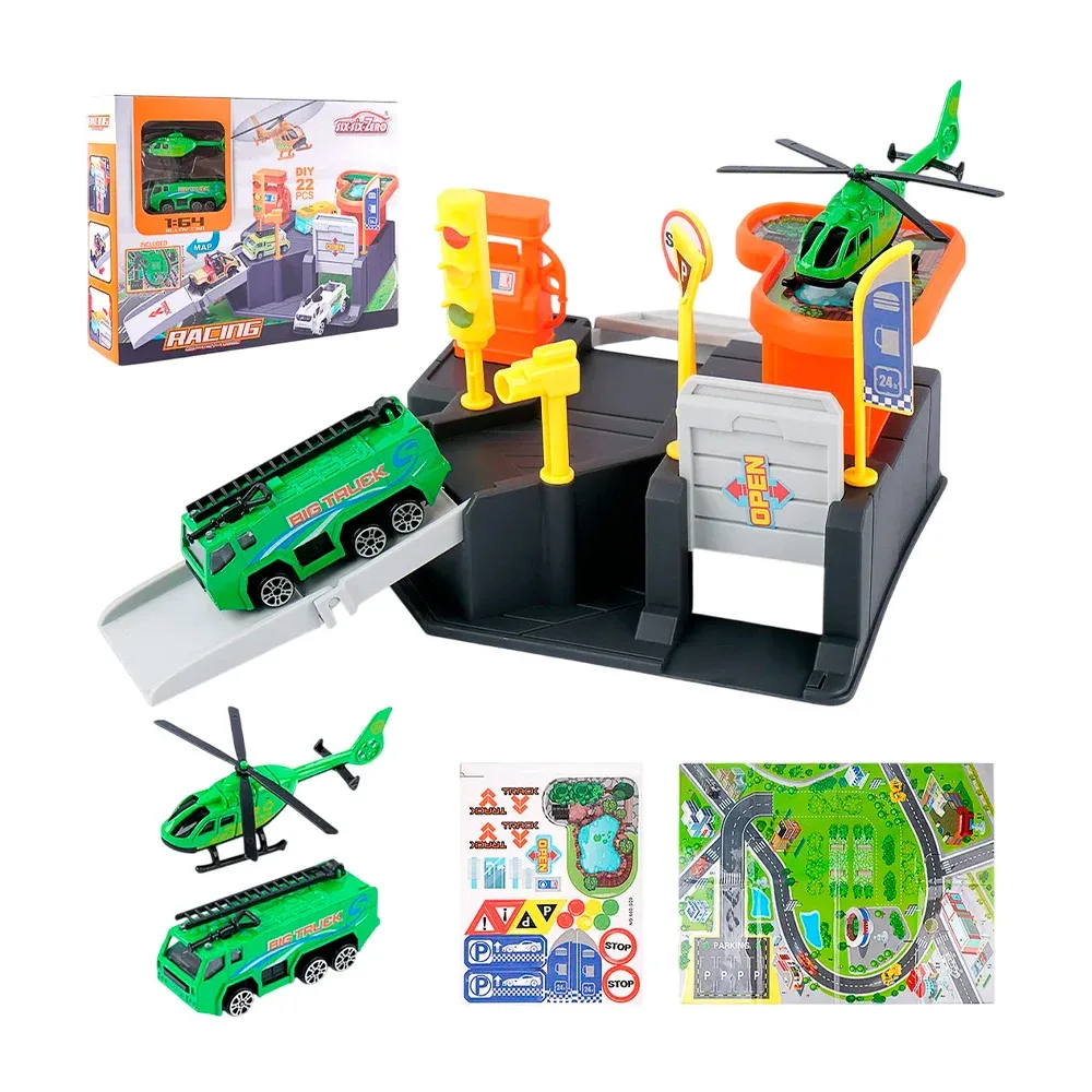 Pista armable de la ciudad 22 piezas racing garage 58 x 78cm six-six-zero con 2 vehículos, variedad de modelos / 660-s09