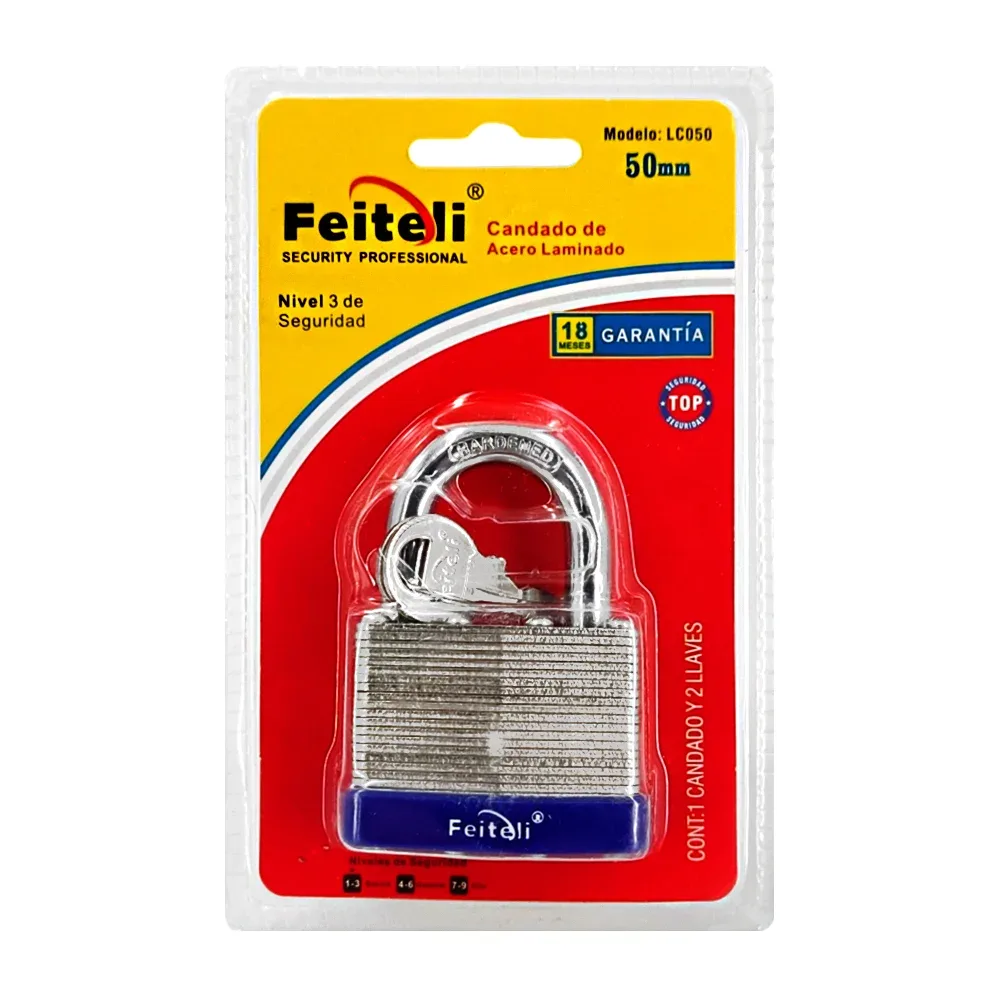 Candado de acero laminado, 50mm gancho corto de uso rudo, alta resistencia al corte, seguridad básica + juego de llaves / lc050