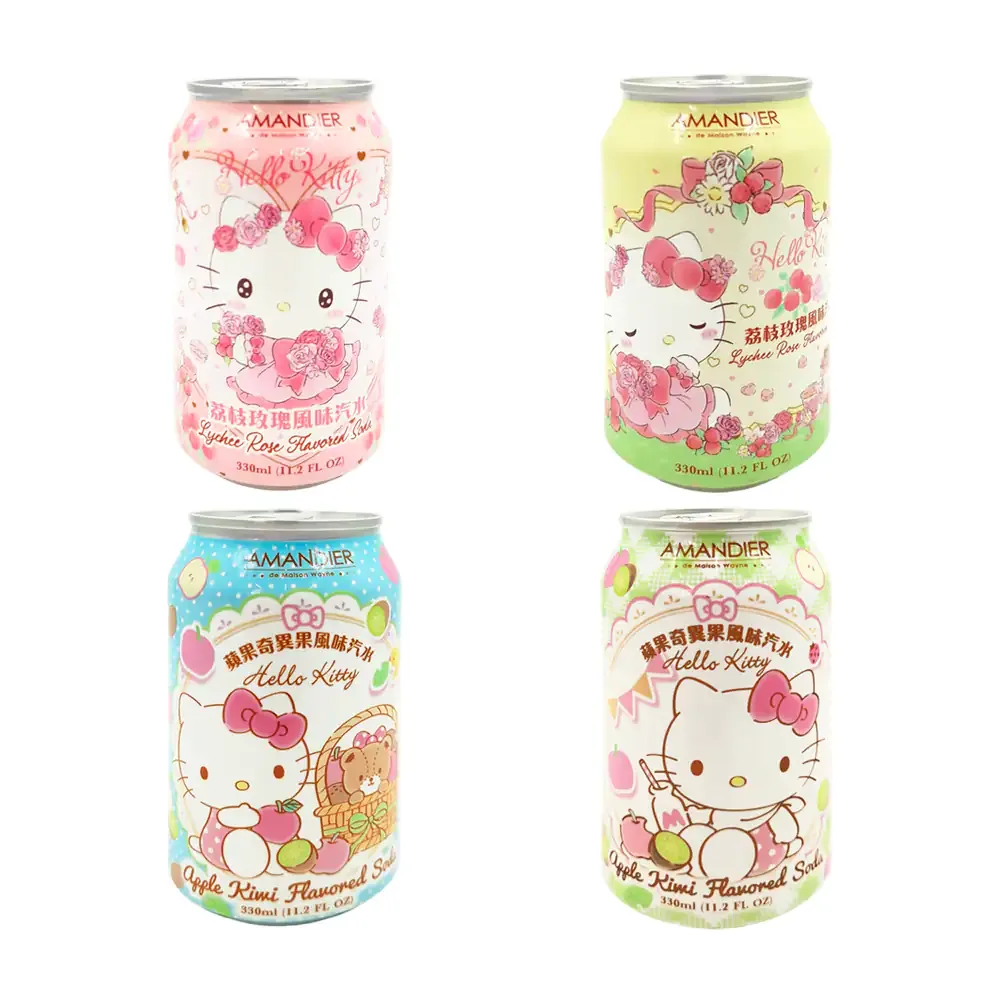 1pza bebida carbonatada 330ml con temática de hello kitty, sabor lichi, variedad de diseños
