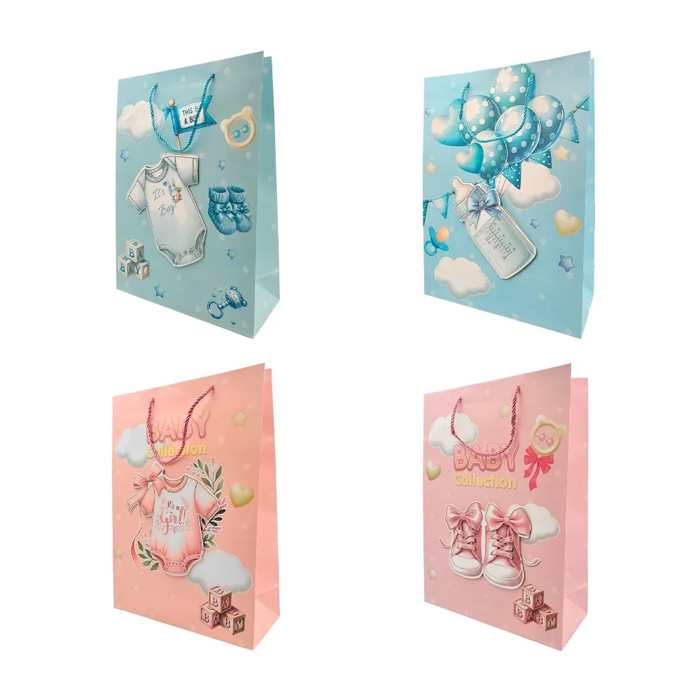 Bolsa de regalo 30x12x41.5, temática baby shower, efecto 3d y detalles metálicos