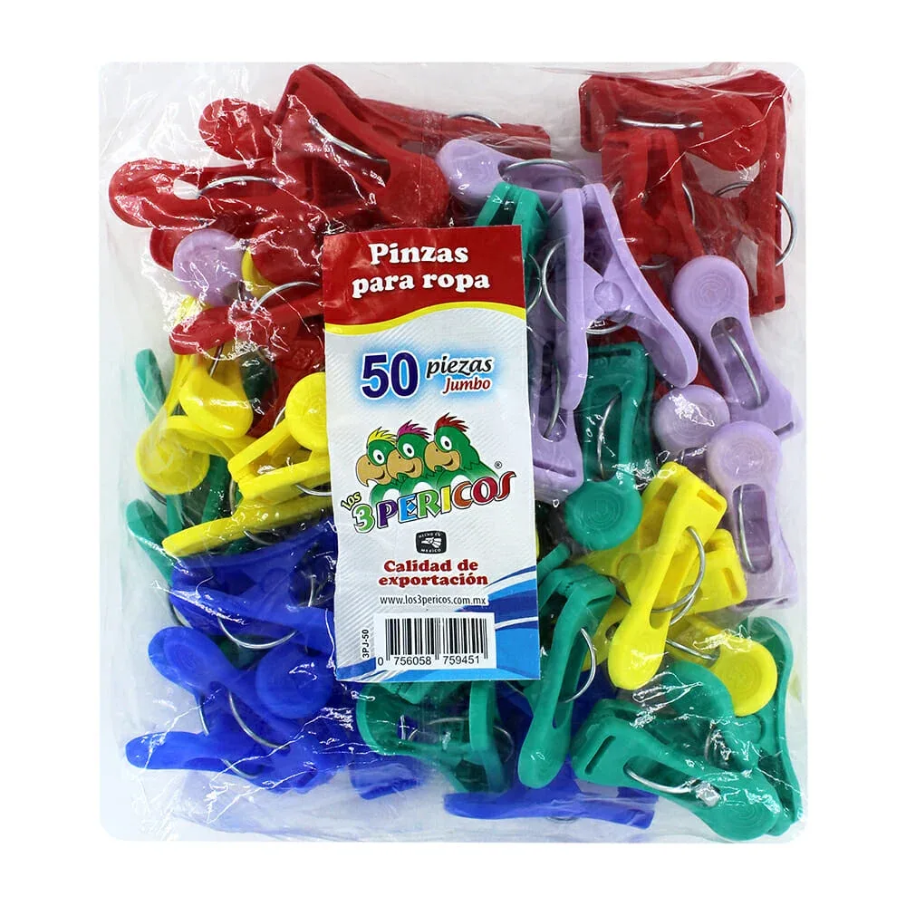 Paquete con 50 pinzas ganchos jumbo de plástico para colgar ropa, variedad de colores / 759451