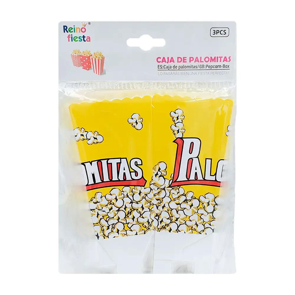 Paquete con 3 cajas palomeras con estampado de palomitas, 7x6.5x11.5cm