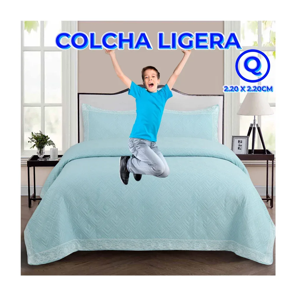 Colcha cubrecamas queen size de textura afelpada con diseño de rombos con encaje + 2 fundas para almohada, variedad de colores / 220x220cm