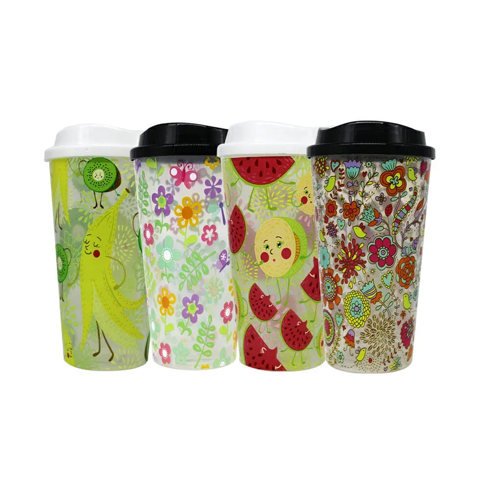 Vaso de plástico con estampado de flores + tapa 1t85