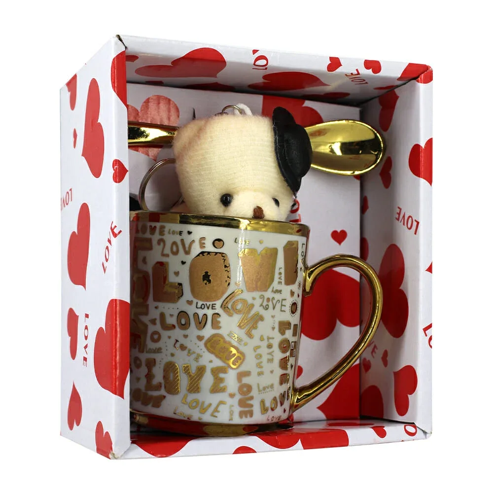 Juego de taza y cuchara con estampado love y detalles metálicos con oso llavero de peluche / 18236618511