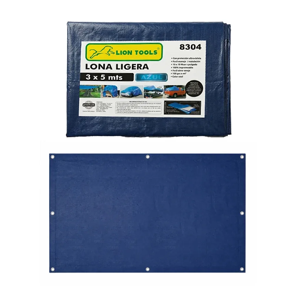 Lona ligera impermeable lion tools color azul de 3x5m con protección ultravioleta / 8304