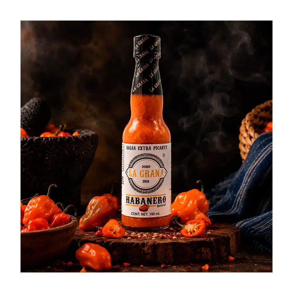 Botella de salsa extra picante la grana hecha con habanero natural, 180ml