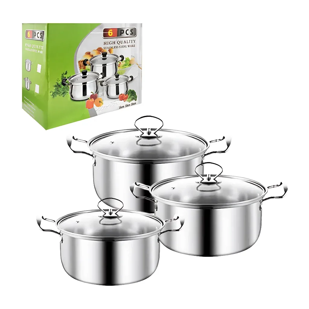 Juego de 3 ollas de diversos tamaños de acero inoxidable + tapas, 16-18-20cm