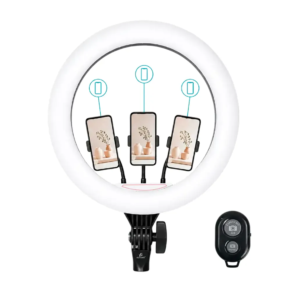 Aro de luz led de 18 pulgadas con soporte para 3 celulares y modos de iluminación intercambiable