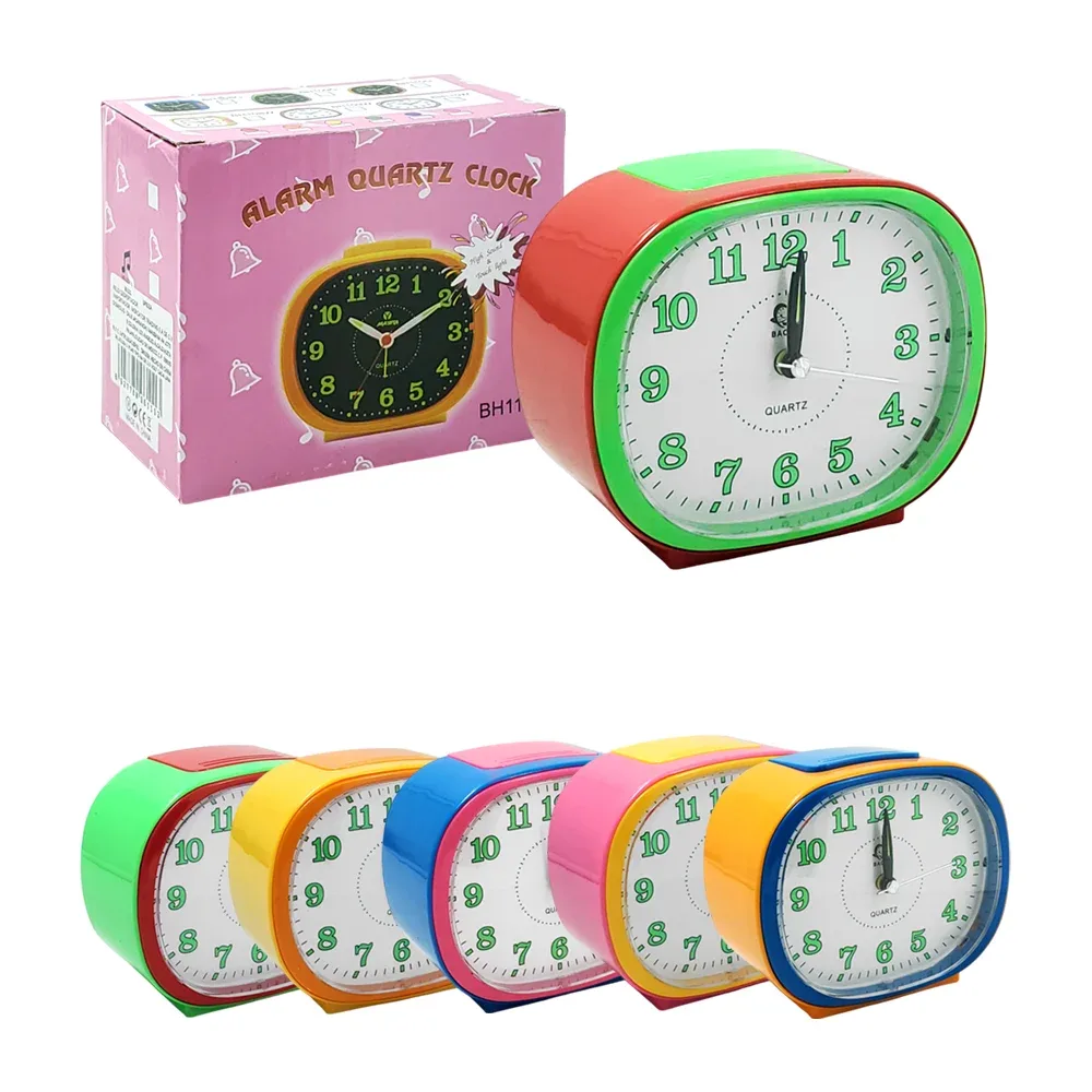 Reloj despertador analógico, números fluorescentes y botón de apagado, variedad